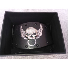 Harley-Davidson Womens Secret Crystal Rhinestone Willie G Skull Black Leather Wrist Cuff